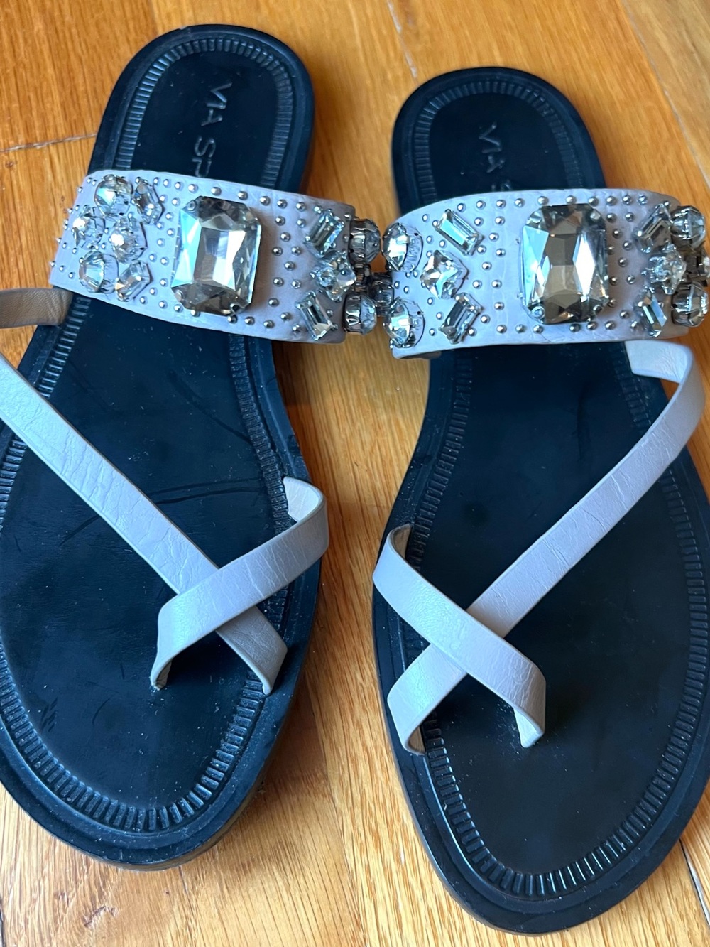 Via Spiga White and Black Jeweled Slide Sandals